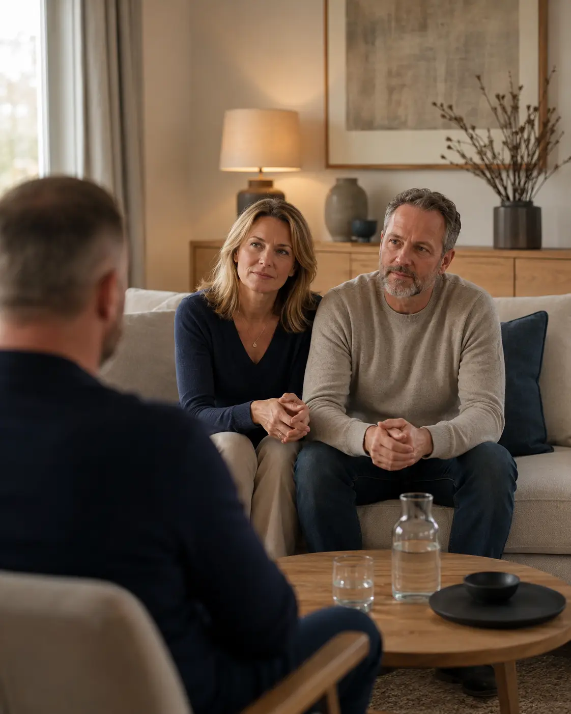 Paar auf einem Sofa im Eheberatungsgespräch; der Coach ist im Vordergrund unscharf von hinten zu sehen – Symbolbild