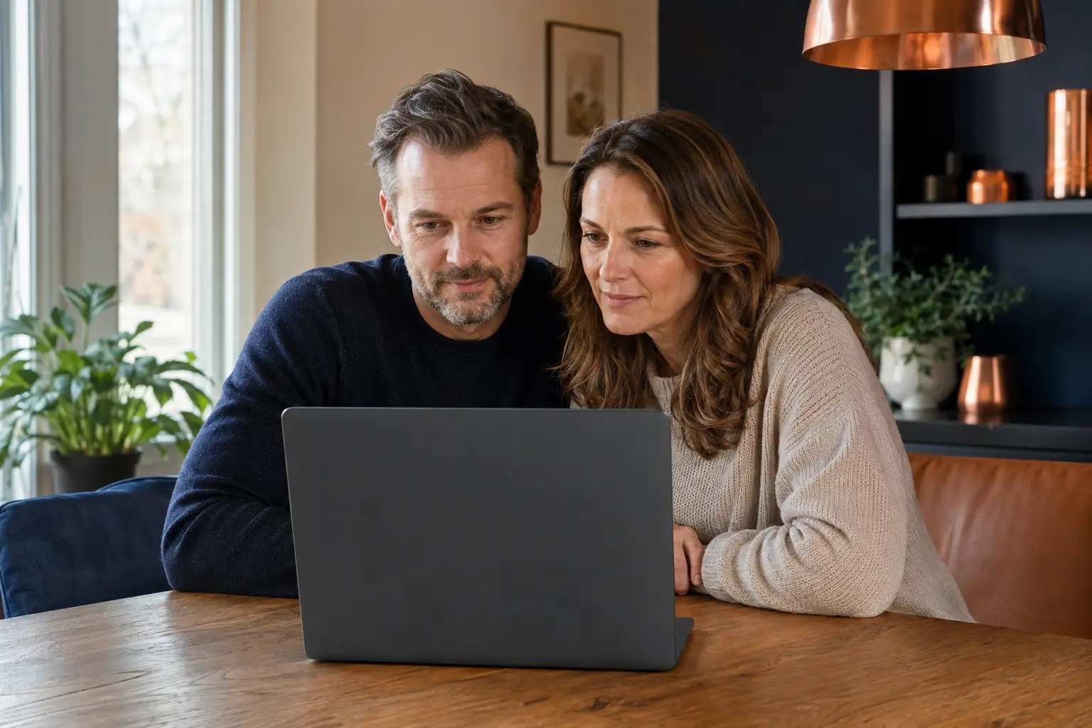 Paar bei einem gemeinsamen Online-Paarcoaching; der sichtbare Laptopdeckel ist vollständig neutral – Symbolbild
