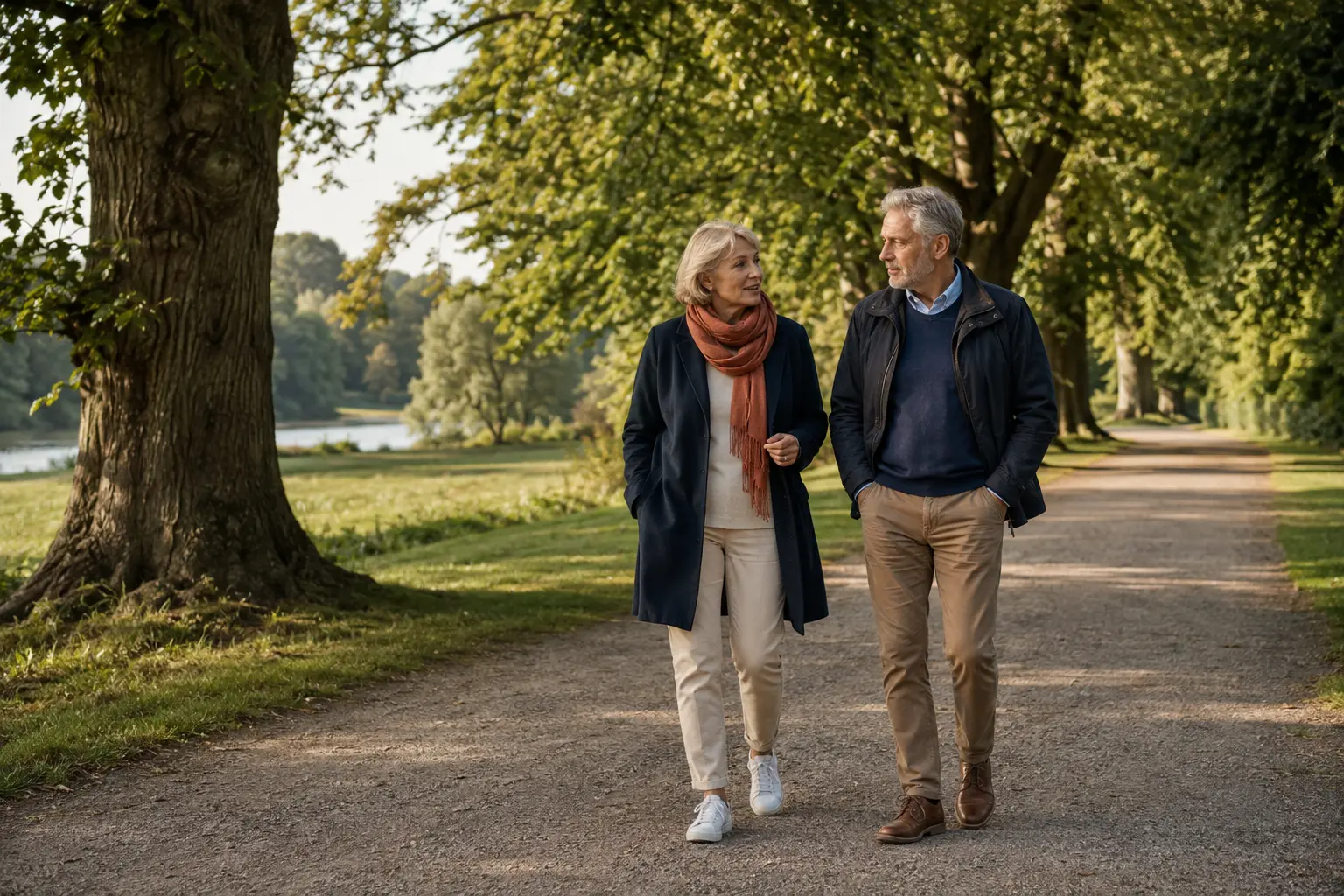 Älteres Paar bei einem ruhigen Spaziergang durch eine grüne Parklandschaft – Symbolbild