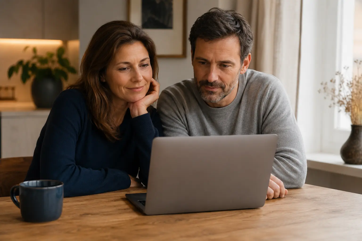 Paar bei einem gemeinsamen Online-Paarcoaching; der sichtbare Laptopdeckel ist neutral – Symbolbild