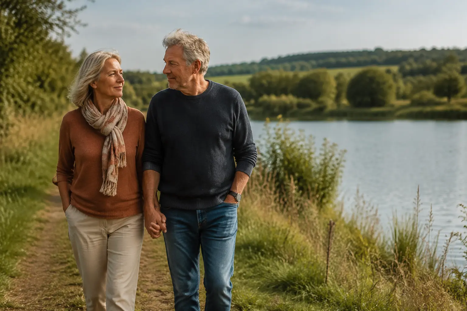 Älteres Paar bei einem ruhigen Spaziergang an einem See in der Zülpicher Börde – Symbolbild
