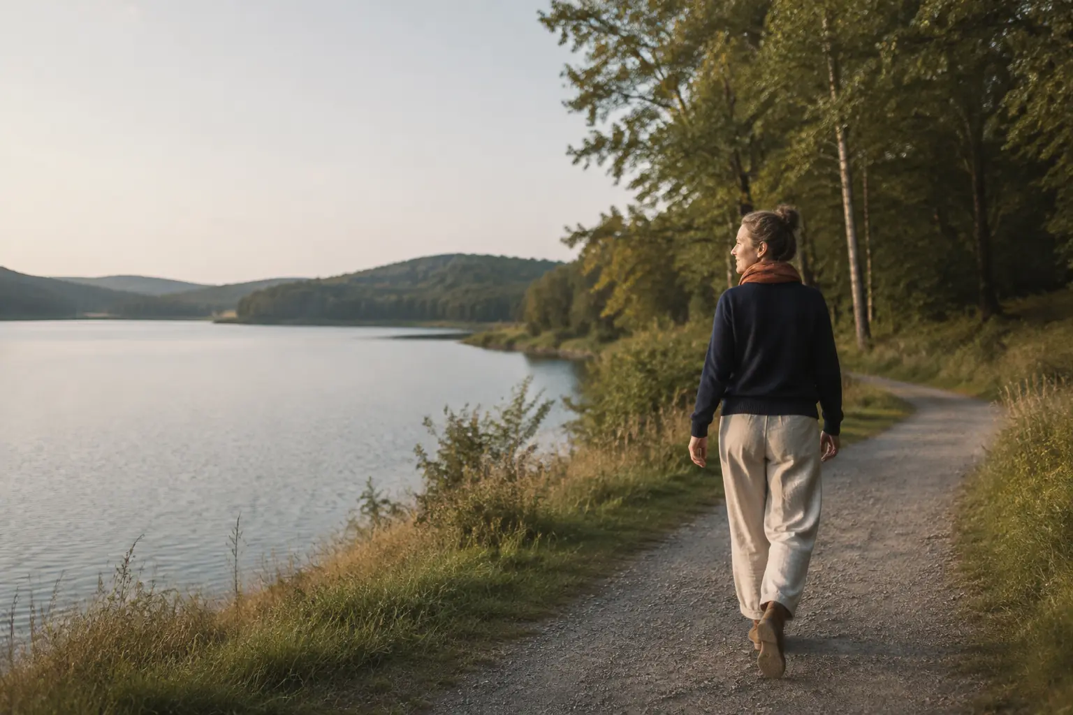 Person auf einem ruhigen Weg an einem Eifeler See