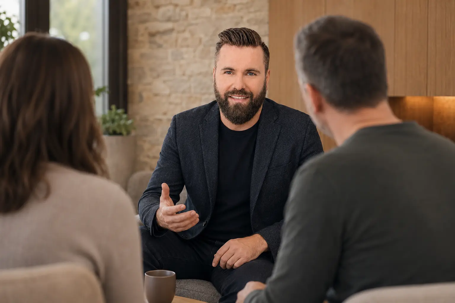 Marcel Maus im Gespräch mit einem Paar – symbolische Coaching-Szene