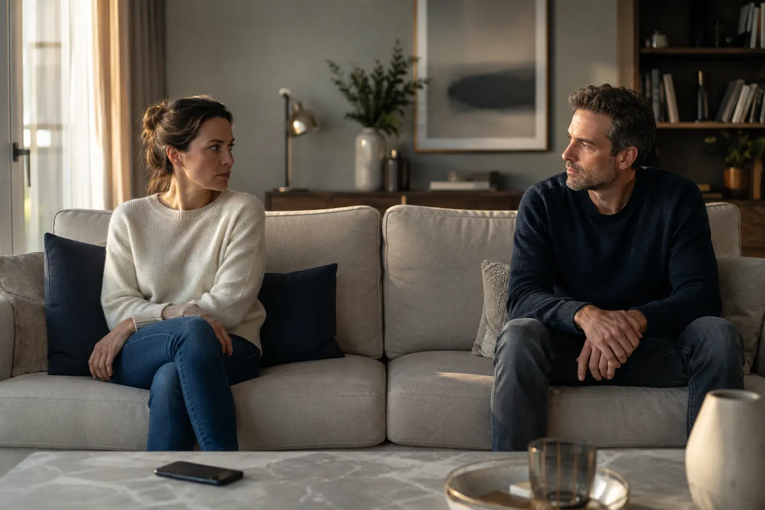 Paar mit vorsichtigem Blickkontakt und spürbarem Abstand auf einem Sofa