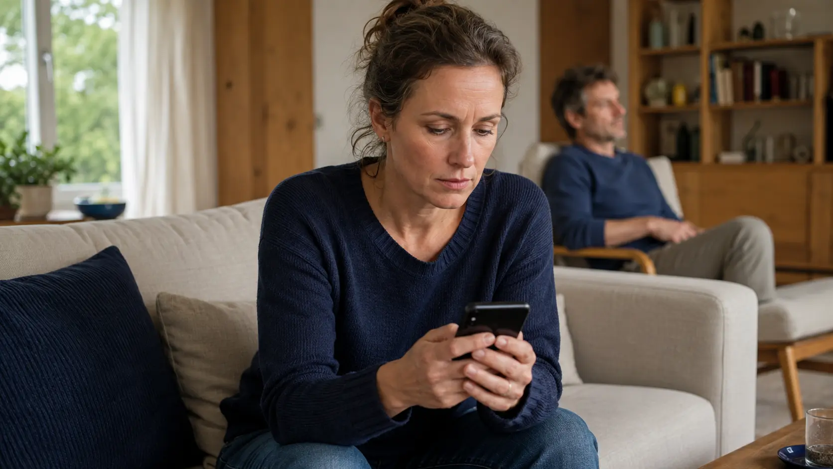 Frau formuliert in einer angespannten Beziehungssituation ruhig eine Nachricht, Partner unscharf im Hintergrund