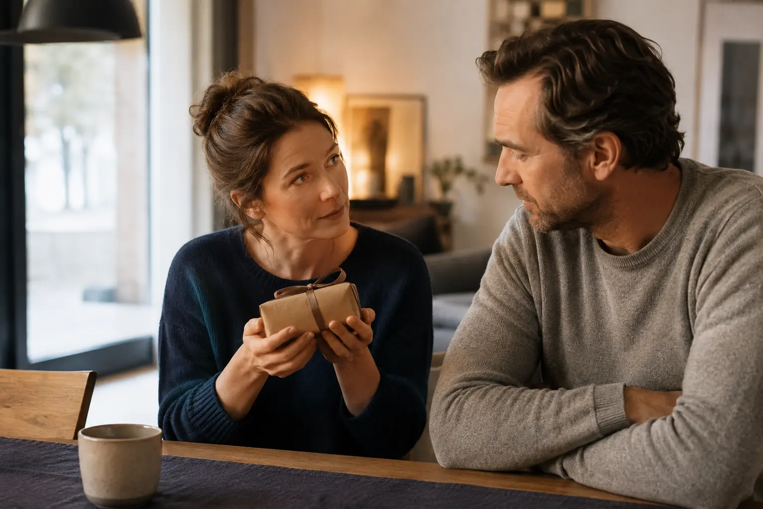 Person hält ein kleines Geschenk und sucht im Blick des Partners nach Bestätigung
