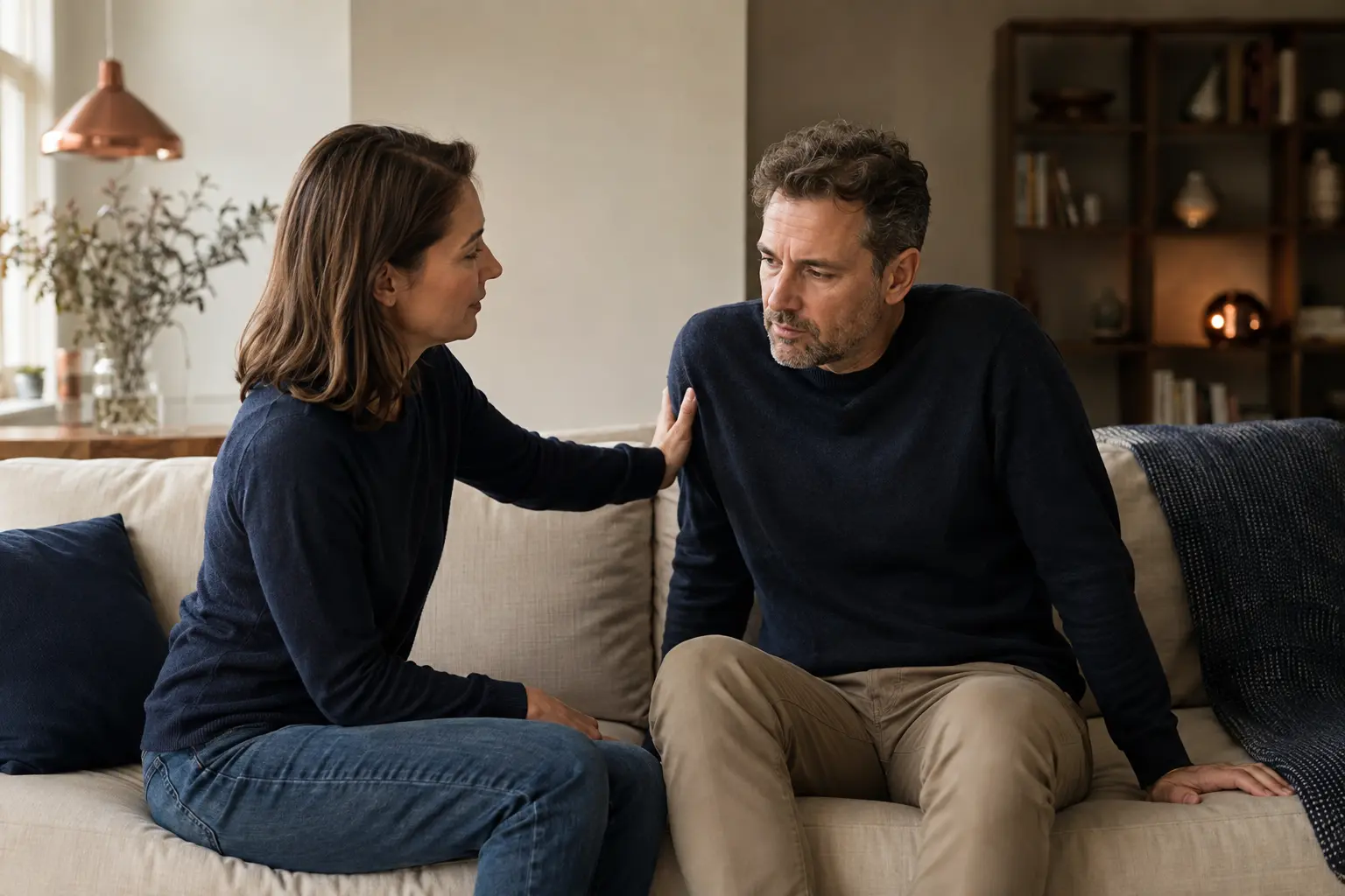 Paar in einem ruhigen Wohnzimmer, eine Person sucht sanft Nähe, die andere reagiert innerlich angespannt