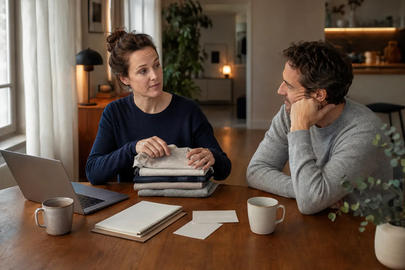 Person trägt am gemeinsamen Tisch viele Aufgaben und sucht im Blick des Partners nach Anerkennung